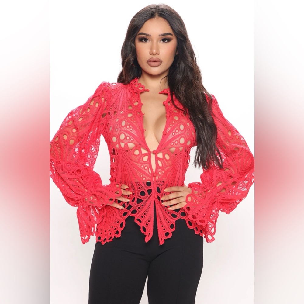 The Sang Lace Red Long Sleeve Button Up Shirt / Size: Small / Item# 1-26600